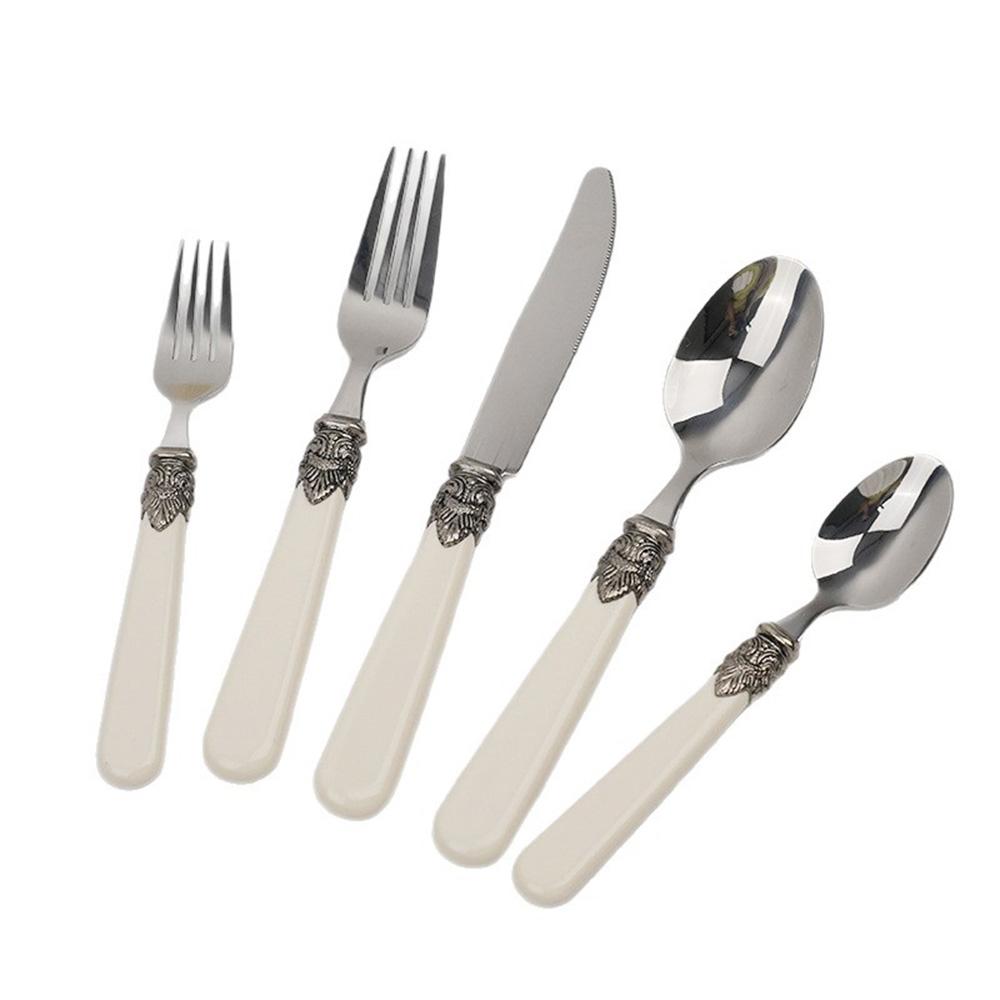 

Vintage Western Tableware 304 Stainless Steel Cutlery 5Pcs Acrylic Handle Durable Knife Fork Spoon for Daily Kitchen Meals белый