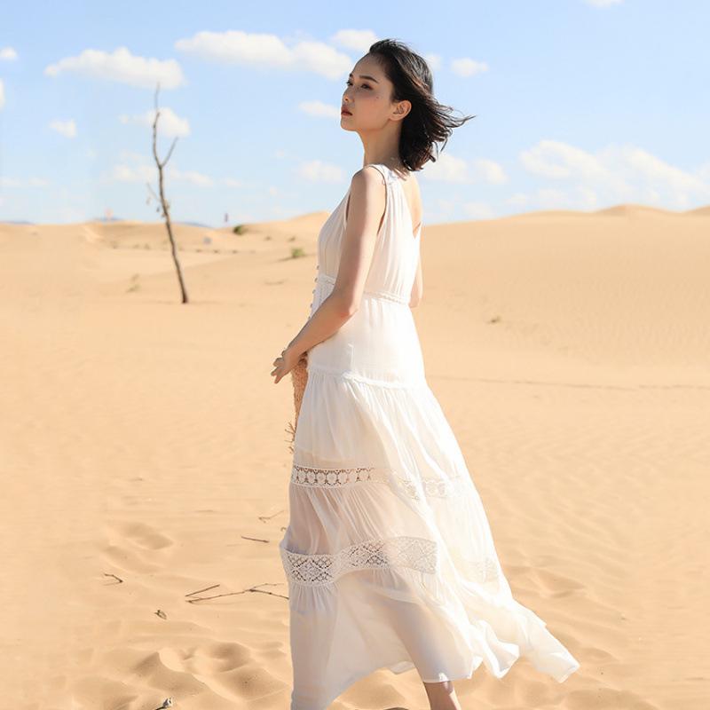 Forest Chic White Spaghetti Strap Dress - Gentle Fairy Long Vacation Dress Sanya Beach Style (f2105)