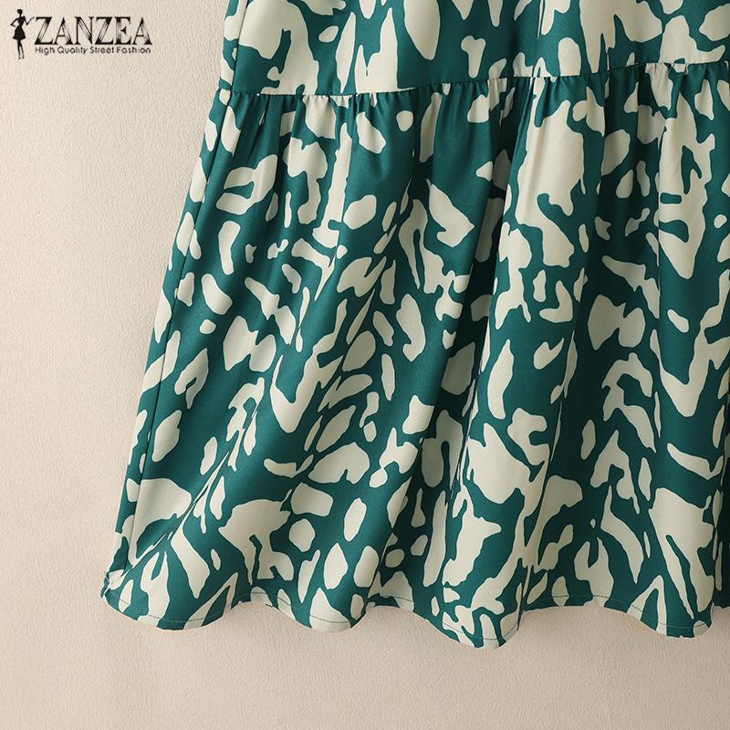 ZANZEA Women Casual Turn Down Collar Loose 3/4 Sleeve Retro Print Long Dress