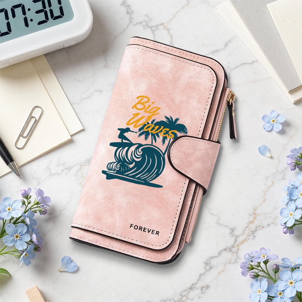 Vintage Style Long Wallet Big Waves Print Portable Card Holder Purse for Daily Use