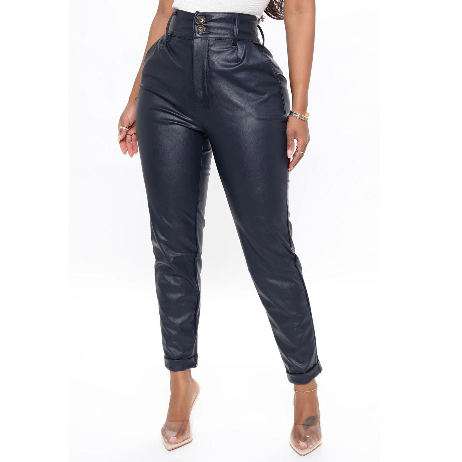 

Fashion Women s Color Faux Leather Button High-waisted Tights Trousers Pencil Pants M Темно-синій