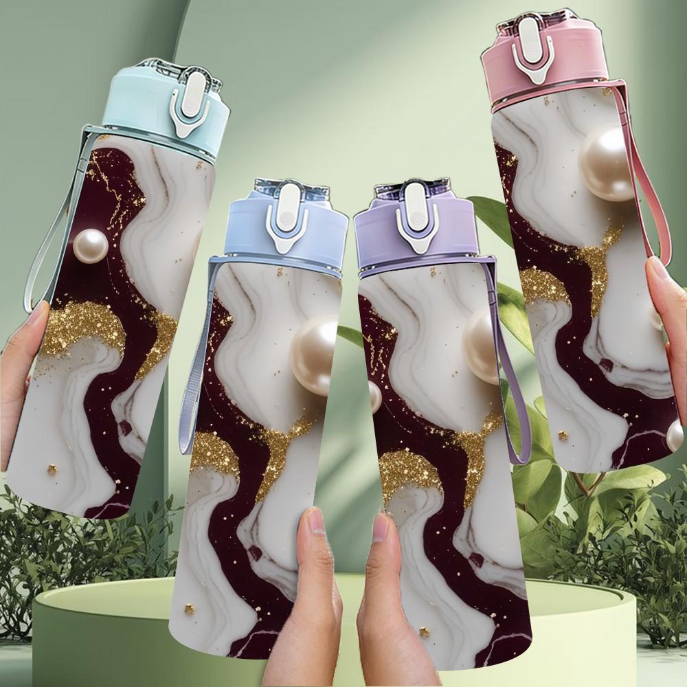 1PC Dark Brown Pearl Marble Pattern 750ml Color Plastic Sports Water Bottle Leakproof Flip Straw Lid Suitable for Sports Office Home Use
