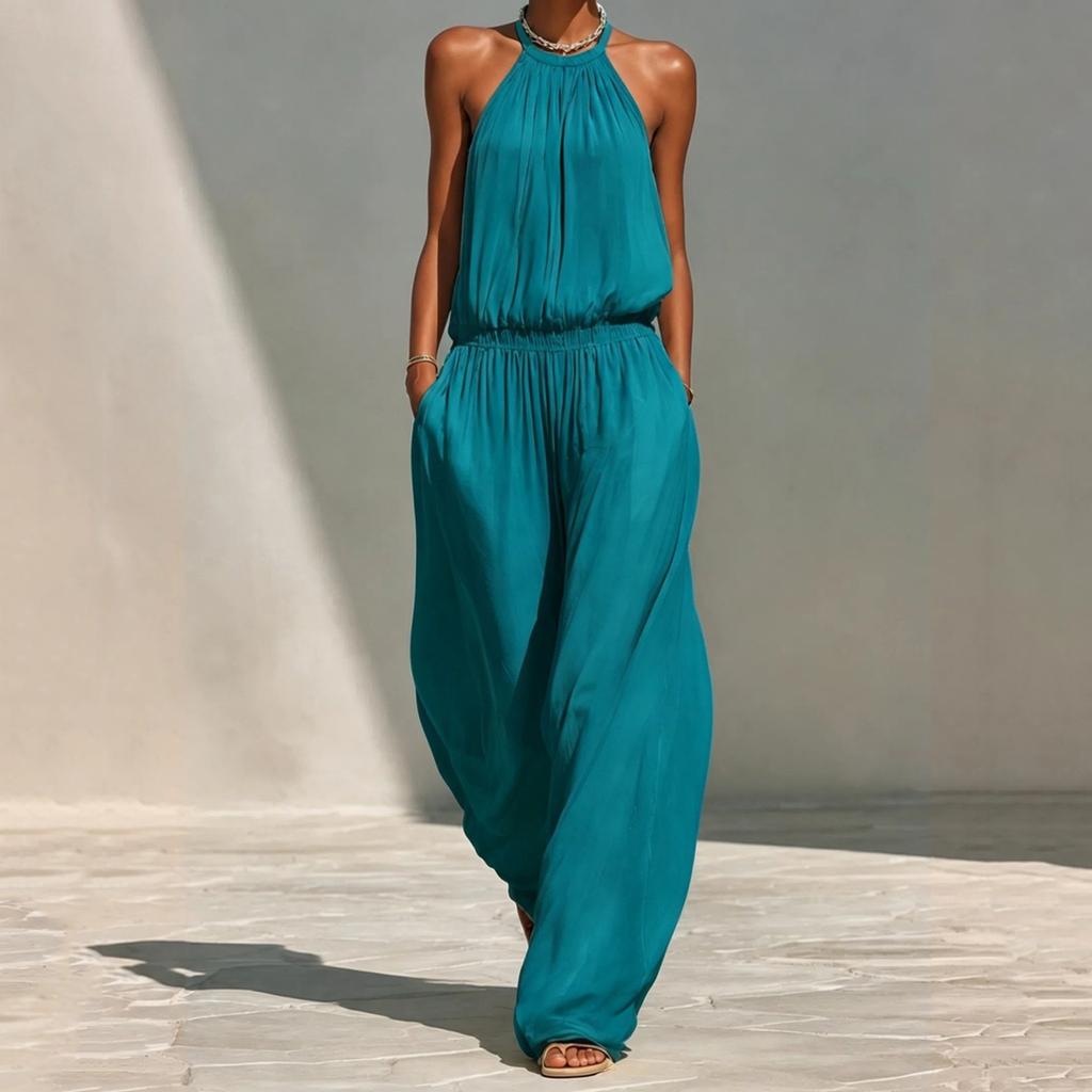 Women's Neck Loose Wide Leg Jumpsuit Vacation Beach Casual Romper for Summer