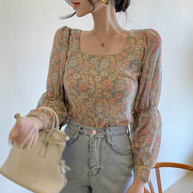 Women's Floral Shirt Korean Style Square Collar Sexy Sweet Long Sleeves Chiffon Blouse Tops