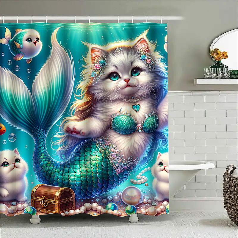 Shower Curtain Mermaid Cat Fish Tail Decoration Waterproof Home Bathroom Accessories Pet Lover Gift Idea