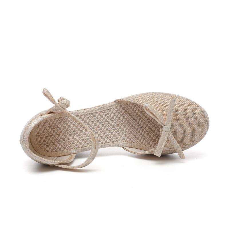 Damskie sandały na koturnie w koreańskim stylu 2025 - Wygodne, lniane, z czubkiem, z zapięciem