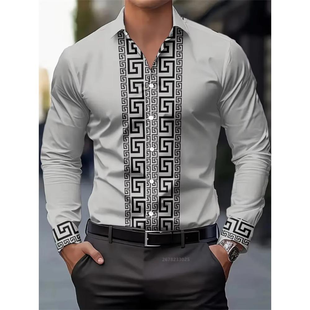 Men's Long-Sleeved Shirt with Pattern Design, Fashionable Lapel Button-Down Top, Versatile, Casual and Comfortable Men's Top