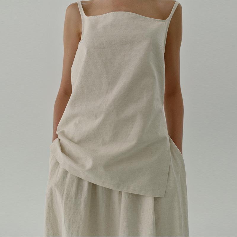 Summer new cotton and linen sling vest French casual sleeveless loose and comfortable zipper top, square neck shirt outside