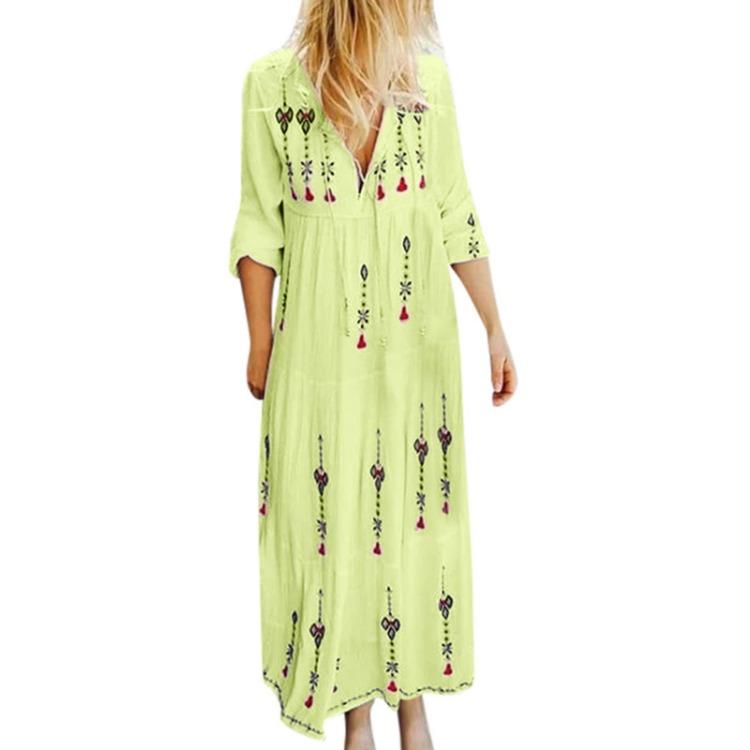 Damenmode Retro V-Ausschnitt Locker Langarm Maxi-Kleid mit Druck