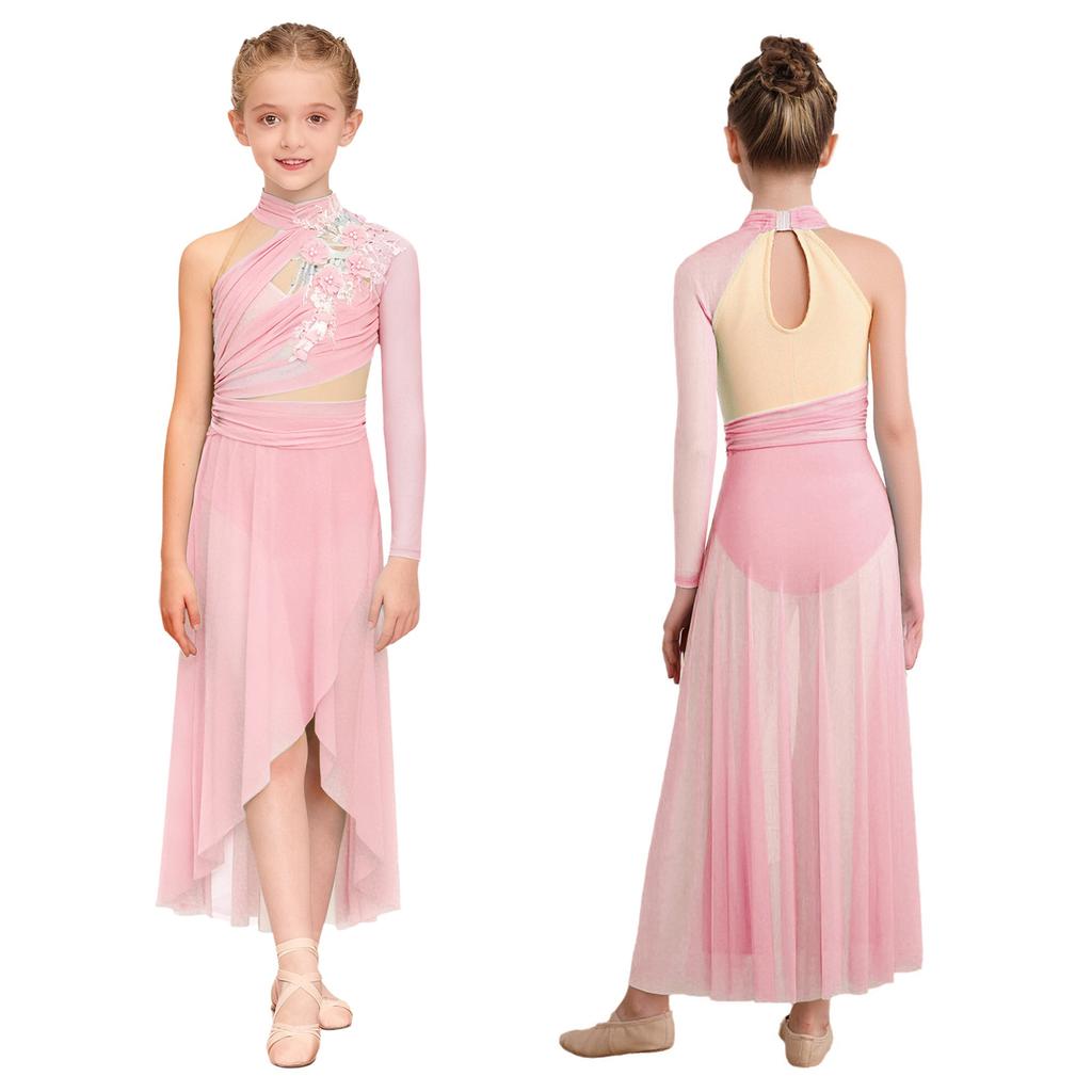 Sukienka do występu tanecznego lirycznego dla dziewczynek: Elegancka aplikacja z tyłem na klucz, rozcięciem z boku i asymetrycznym marszczonym designem z siateczki