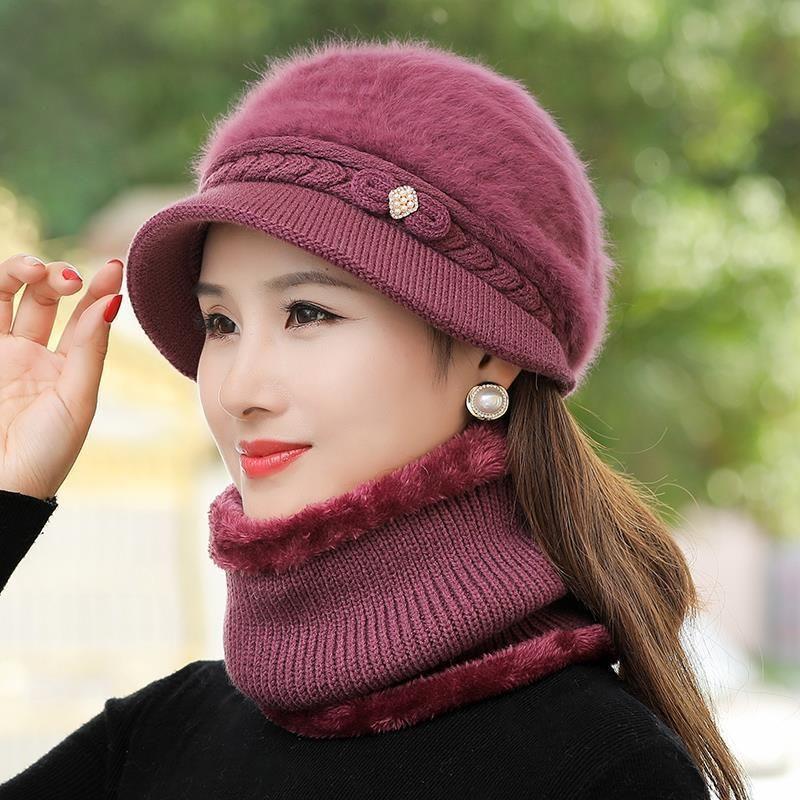 Hat Women Winter Mom Middle-Aged and Elderly Old Lady Autumn and Winter Fleece-lined Warm Fashion Western Style Wool Knitted Hat