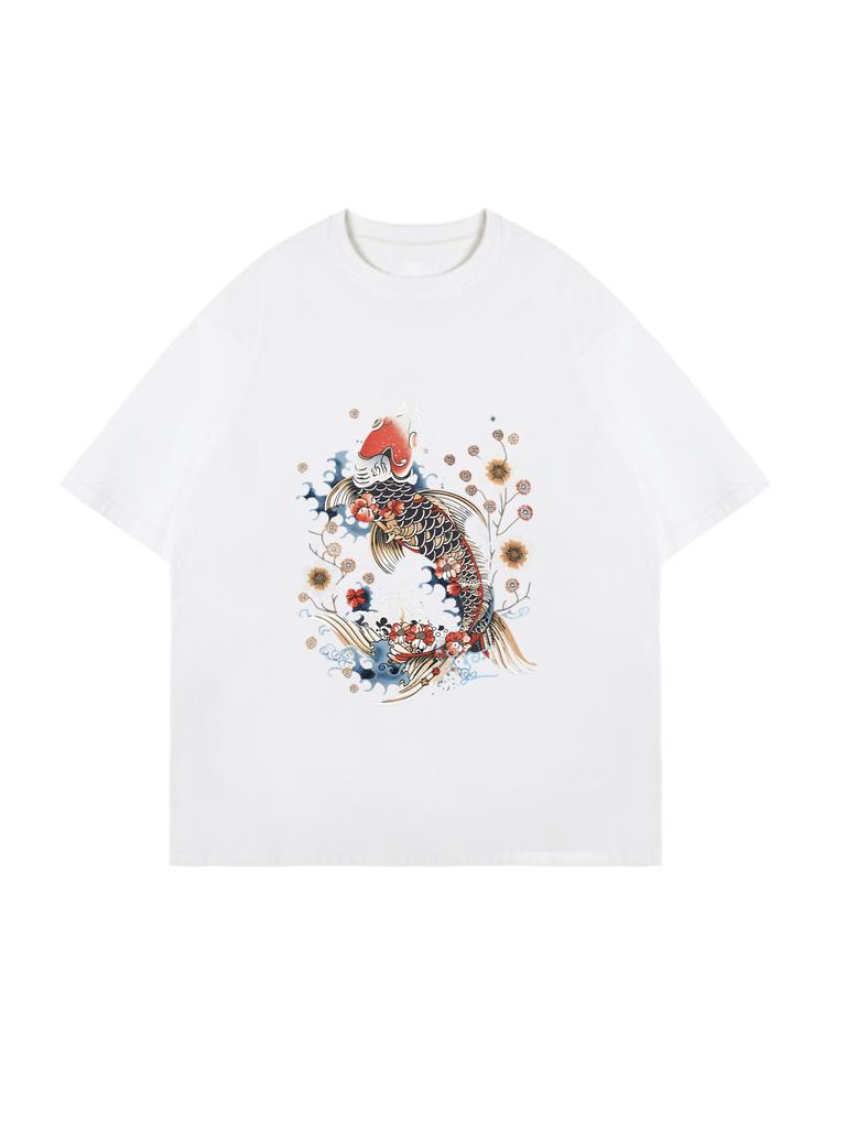 Black Oversized T Shirt With Koi Fish And Flowers Print For Casual Wear