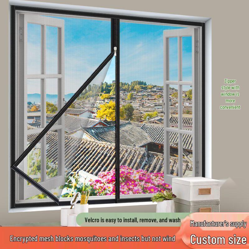 Self-Adhesive Black Mesh Window Screen with Zippered Nano PP and Velcro Edging for Easy Mosquito Protection