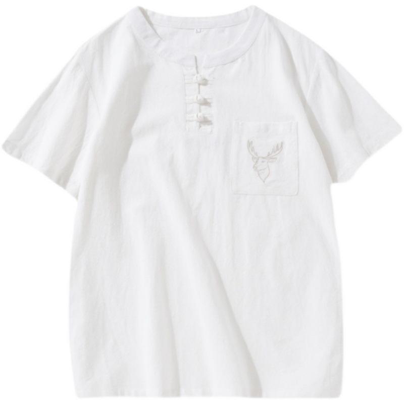 Chinese-style Cotton and Linen Short-sleeved T-shirt for Men, Casual and Trendy. Linen Embroidered Pocket Deer Head Top, Thin