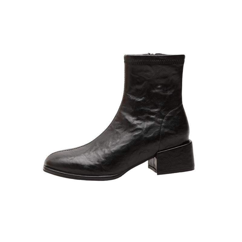 

Cowhide version square head leather thick heel short boots small ankle boots women s autumn and winter new medium and high heel elastic thin boots 34