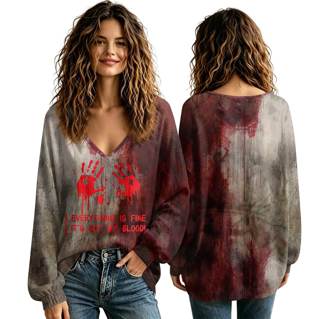 Women's V-Neck Halloween Shirt for Fall, Seasonal Top for Ladies