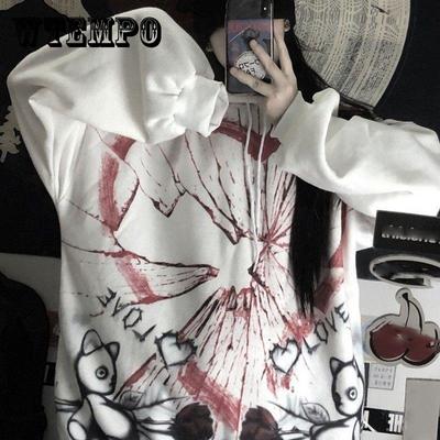 Gothic Punk Hoodies Women Y2K Pullover Sweatshirts Oversized Streetwear Hip Hop Harajuku Hooded Tops White Pink Graffiti Loose Casual Hoodies