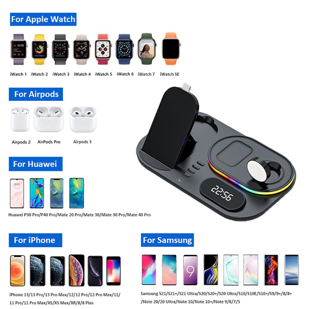 4 In 1 Wireless Chargers For iPhone 11 12 13 Pro Max 15W Fast Charging Dock Station For Apple Watch/Airpods With Lamp Clock