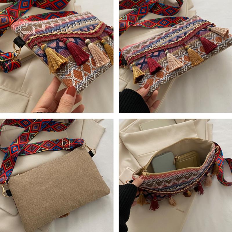 1Pc Ethnic Style Weave Crossbody Bags Tassel Waist Bag Retro Canvas Shoulder Packs Handbag