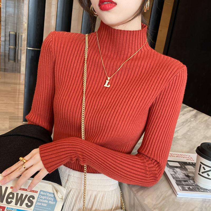 Autumn and Winter Half High Neck Knitted Sweater Women Fashion Solid Slim Long Sleeve Pullover Sweaters Women Tops Lady Elegant Knitwears Jumper 24842
