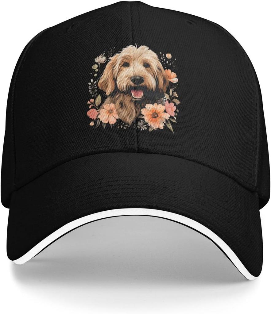 Cute Doodle Dog Floral Wreath Baseball Cap Adjustable Polyester Outdoor Sports Golf Hat
