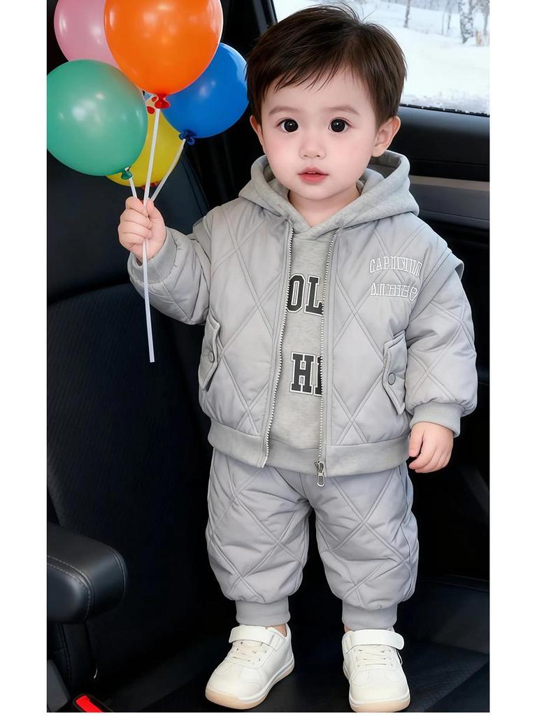Children's Fleece-Lined Hoodie Set: Padded Vest, Cotton Pants, Baby Outerwear for Autumn & Winter