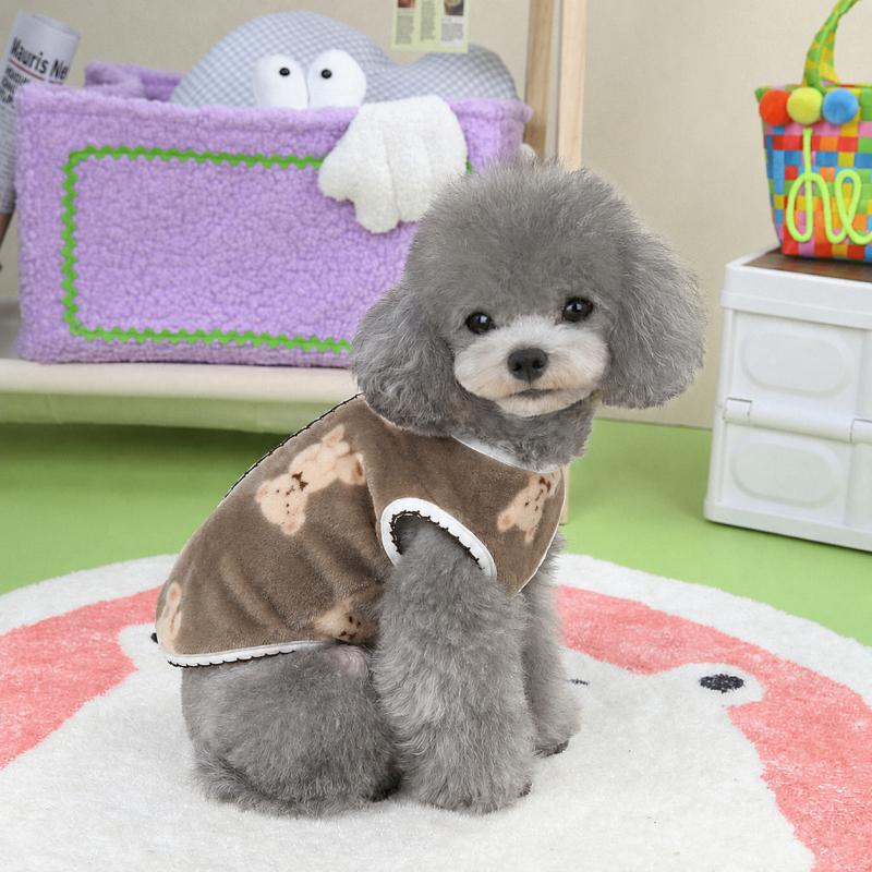 Pet Dog Fleece Vest With Cute Bear Print, Polyester Cotton Winter Sleeveless Coat For Small Dogs, Dark Coffee XS Puppy Daily Wear Outfit