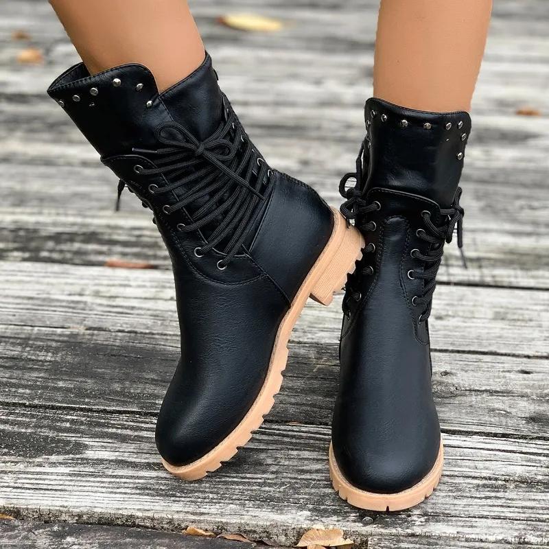 Fashion Women's Fashion Thick Heel Cotton Boots Winter New Round Head Side Strap Rivet Thick Sole Anti-slip Wear-resistant Short Boots