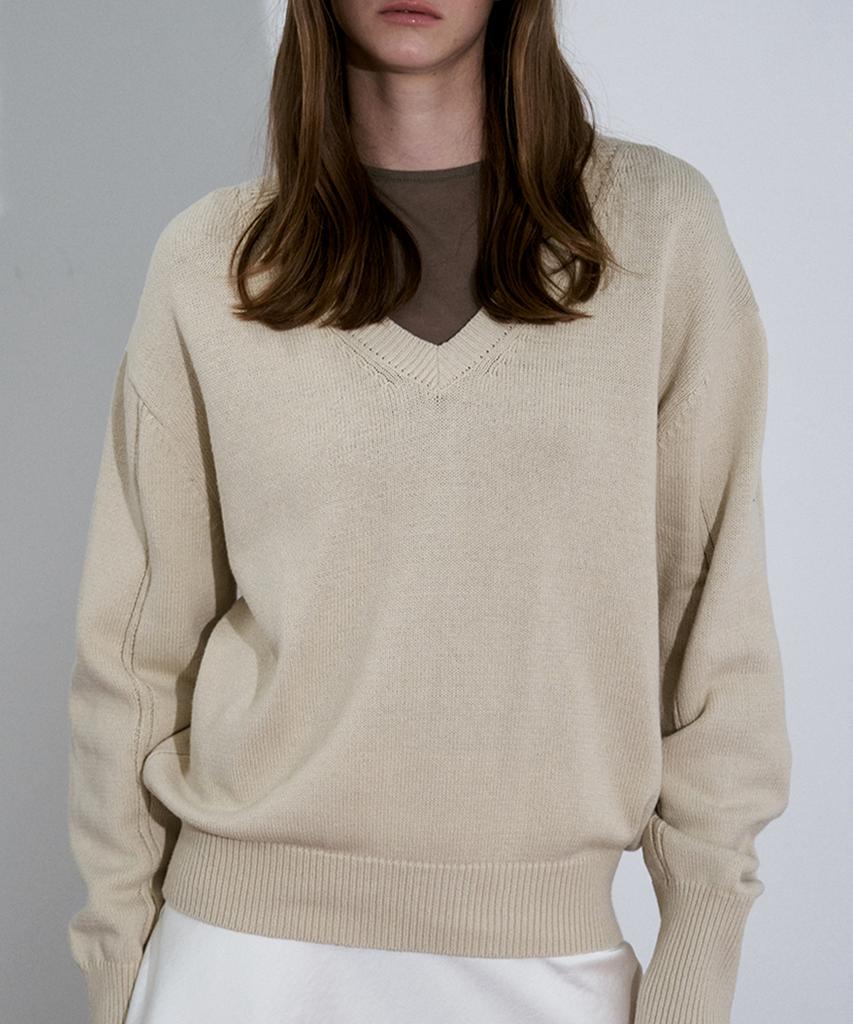 SIGREAT V-Neck Cotton Knit Pullover_Oatmeal