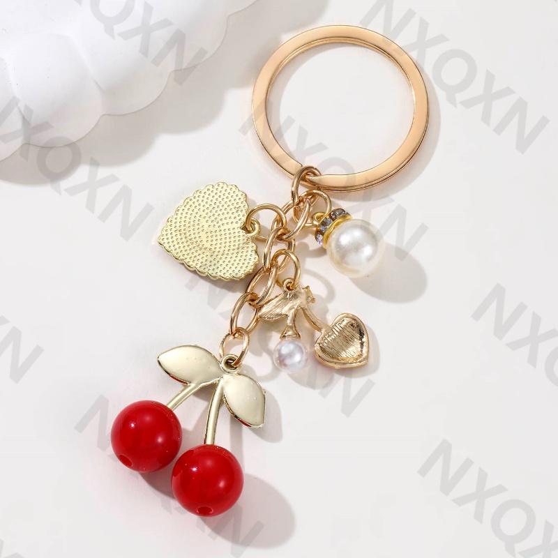 Pretty Cartoon Cherry Preal Heart Enamel Keychain Love Fruit Key Ring For Women Girl Handmade Friendship Gift Jewelry Set