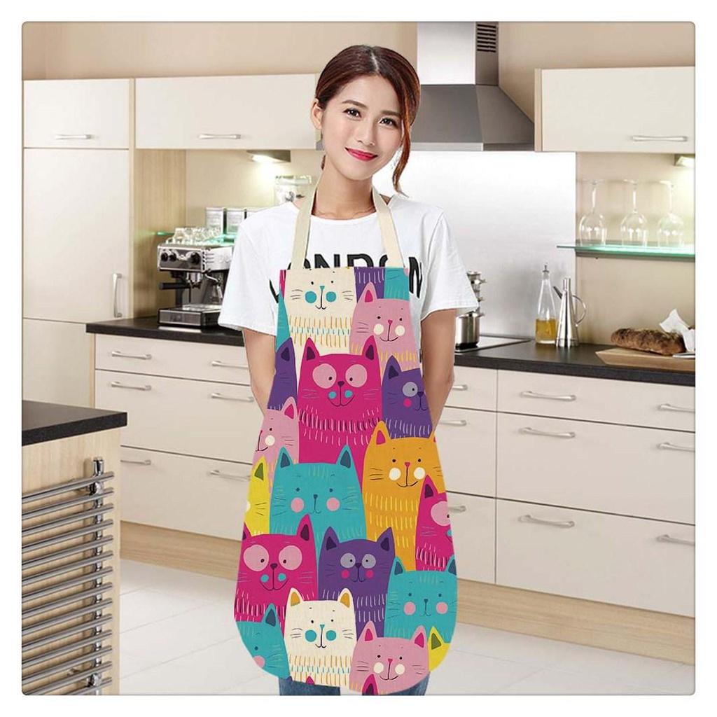Cute Cat Women Character Waterproof Kitchen Cleaning Restaurant Bib Chef Cotton Linen Cooking Aprons