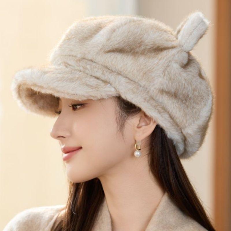 New Style Rabbit Fur Octagonal Hat Women's Fashionable Plush Hat Cat Ear Thermal Cap Wide-Circumference Head Wrap