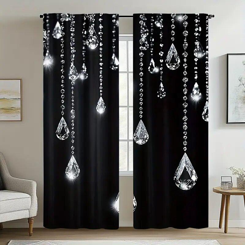 Black Crystal Curtains Pole Bag Bedroom Living Room Decoration Home Curtain Elegant Made Of Polyester Washable Area Ready