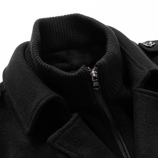 Men Woolen Coat Double Stand Collar Long Sleeve Single-Breasted Solid Color Jacket with Pockets Autumn Winter Mid-length Outwear