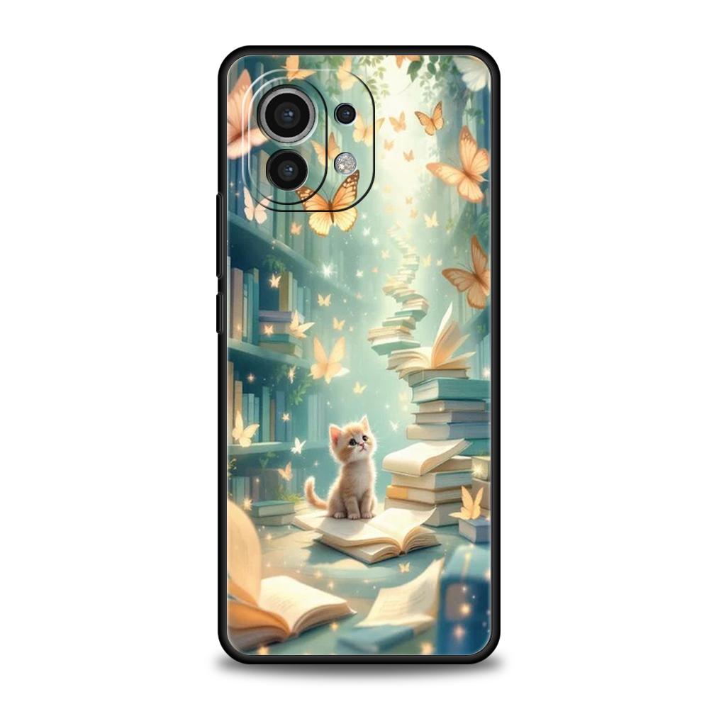 Phone Case Cover for Xiaomi Mi 17 Pro Max 15 14 13 12 11 Ultra 15T 14T 13T 12T Pro Lite Soft TPU Butterfly Cat Bookshelf Design