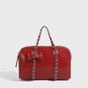 Korean-Style Boston Wax Leather Handbag with Bow Accent