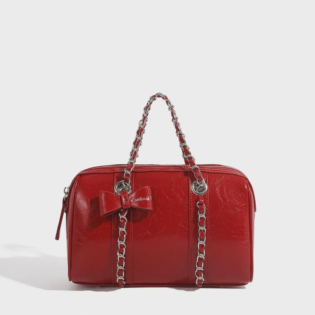 Korean-Style Boston Wax Leather Handbag with Bow Accent