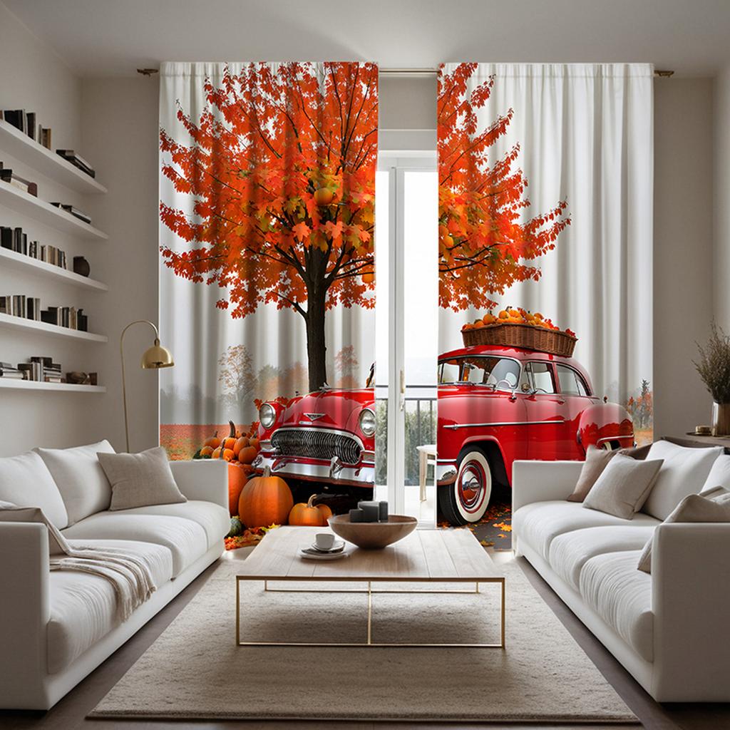 2pcs set HD Halloween Maple Leaf tree under the nostalgic classic car pumpkin decorative curtain Black tie digital printed cu