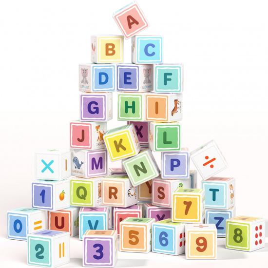 Magnetic Blocks ABC 123 Alphabet Colorful Printed, Building Blocks for Toddler 1-3, Magnet Cubes Sensory Toys, Preschool Early Learning