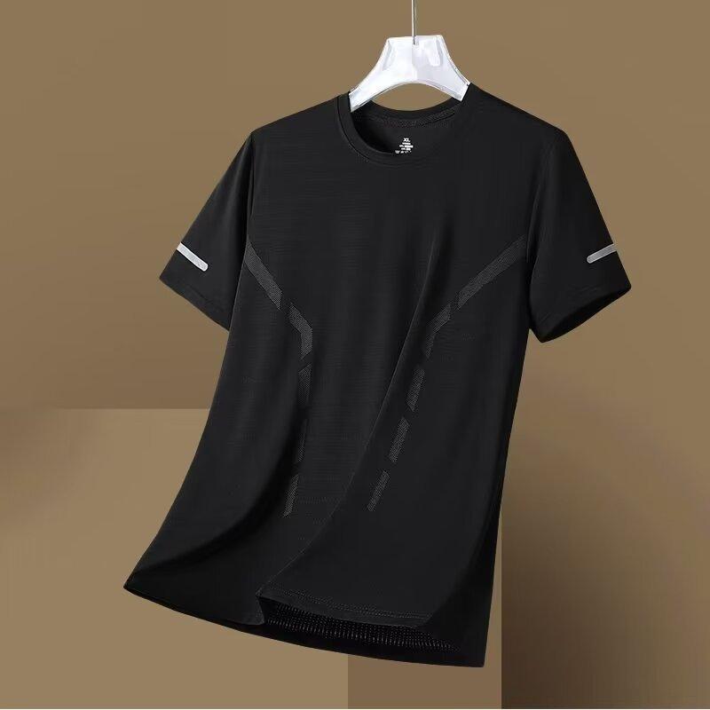 Summer Ice Silk T-Shirt Men'S Round Neck Solid Color Quick-Drying Clothes Short Sleeves, Men'S Sports Loose Thin Breathable Half-Sleeved T-Shirt