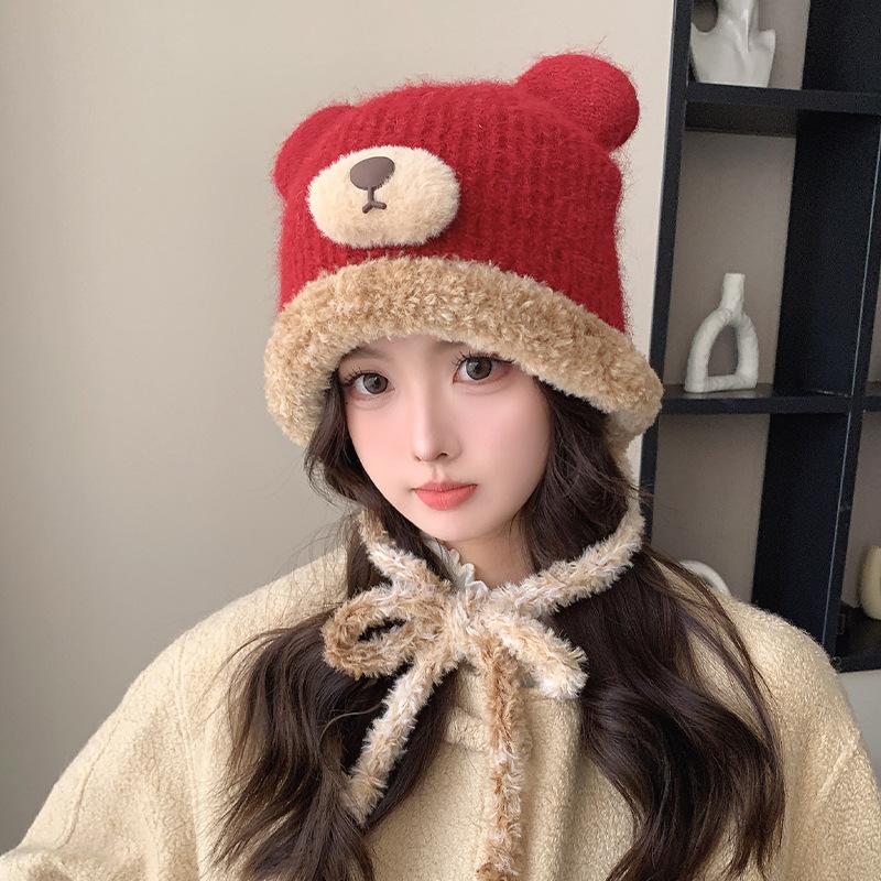 

Autumn and winter trendy cute bear ears knitted hat schoolgirl versatile warm ear protection pullover hat wool hat 52-56cm красный