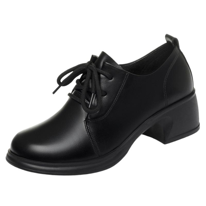 Soft leather soft sole, spring and autumn deep mouth lace-up single shoes work shoes women's black women's leather shoes