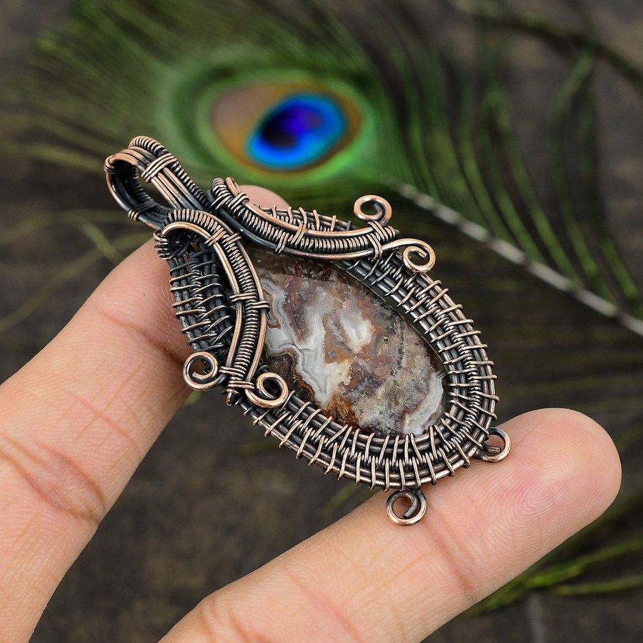 Natural Crazy Lace Agate Gemstone Copper Wire Wrap Gift Pendant 2.56" e7v40