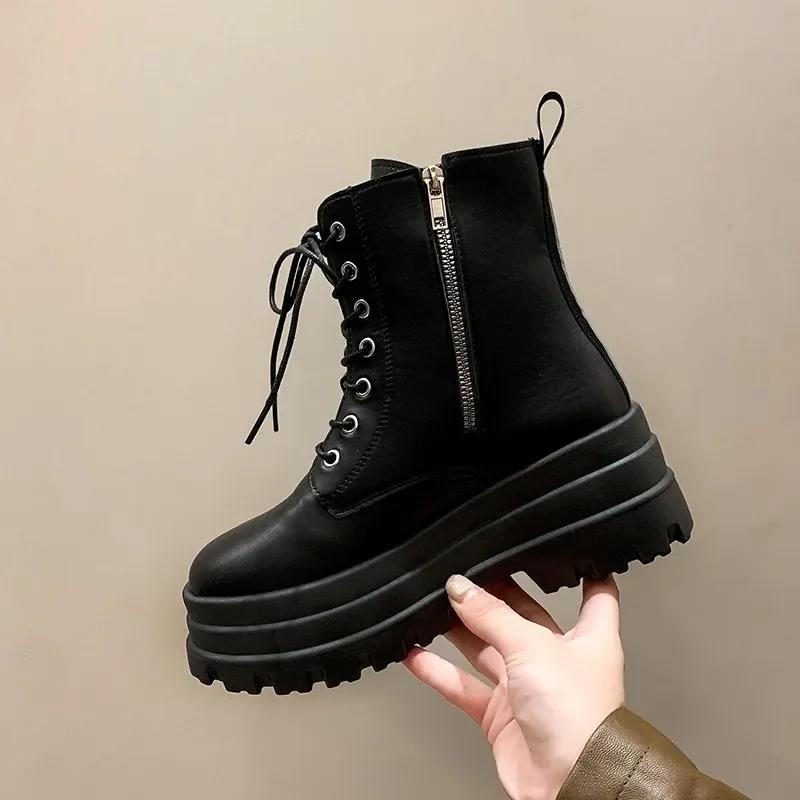 Women's Fashion Boots Thick Sole High Heels Trifle Base Side Zip Black Boots Outdoor Women's Shoes Commuting Spring and Autumn