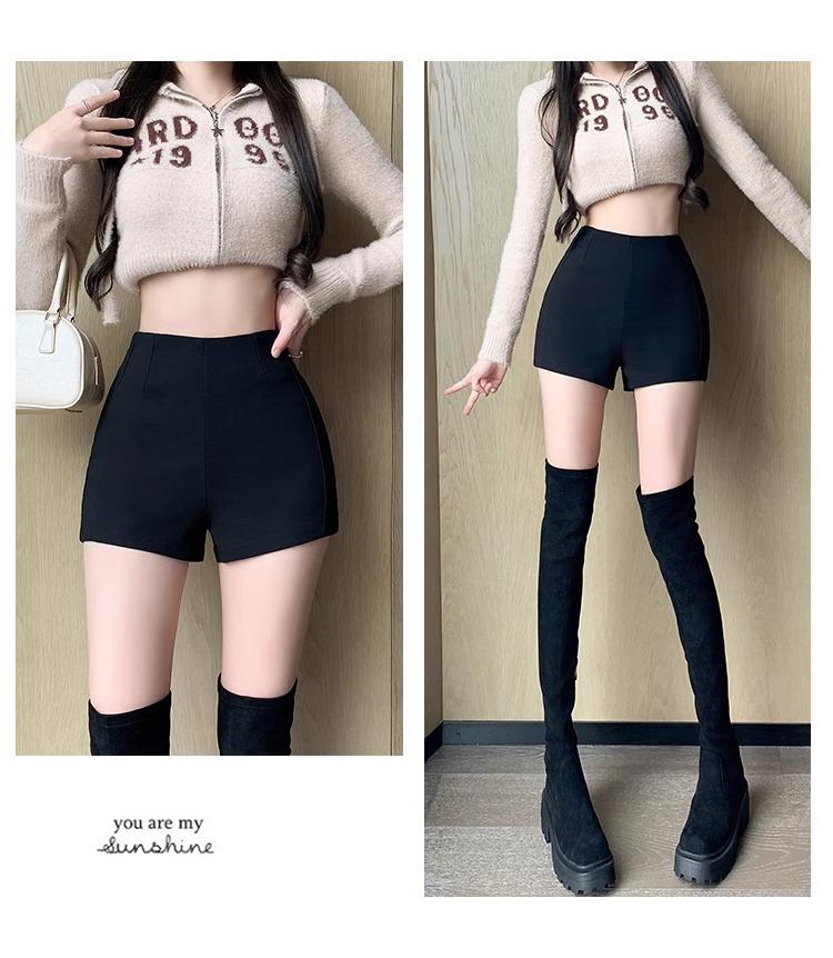 Women's Black High-Waisted A-Line Bootcut Shorts - Sexy, Hip-Lifting, Side Zipper for Spring & Autumn 2024