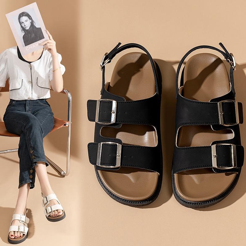 Boken Sandals Women's Summer New Platform Casual Trendy with One Word Belt Retro Beach Shoes