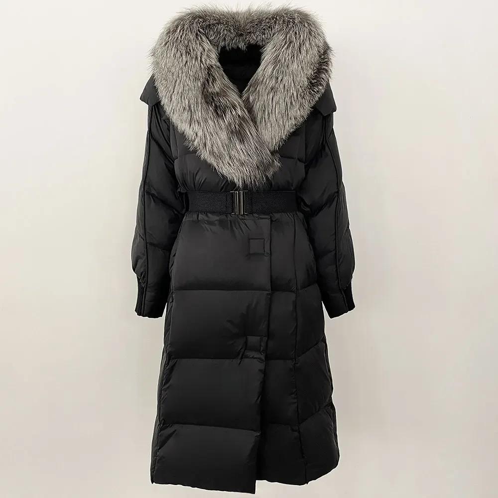 OFTBUY Winter Jacket Women Long Natural Real Raccoon Fox Fur Collar White Duck Down Coat Belt Thick Warm Casual Outerwear