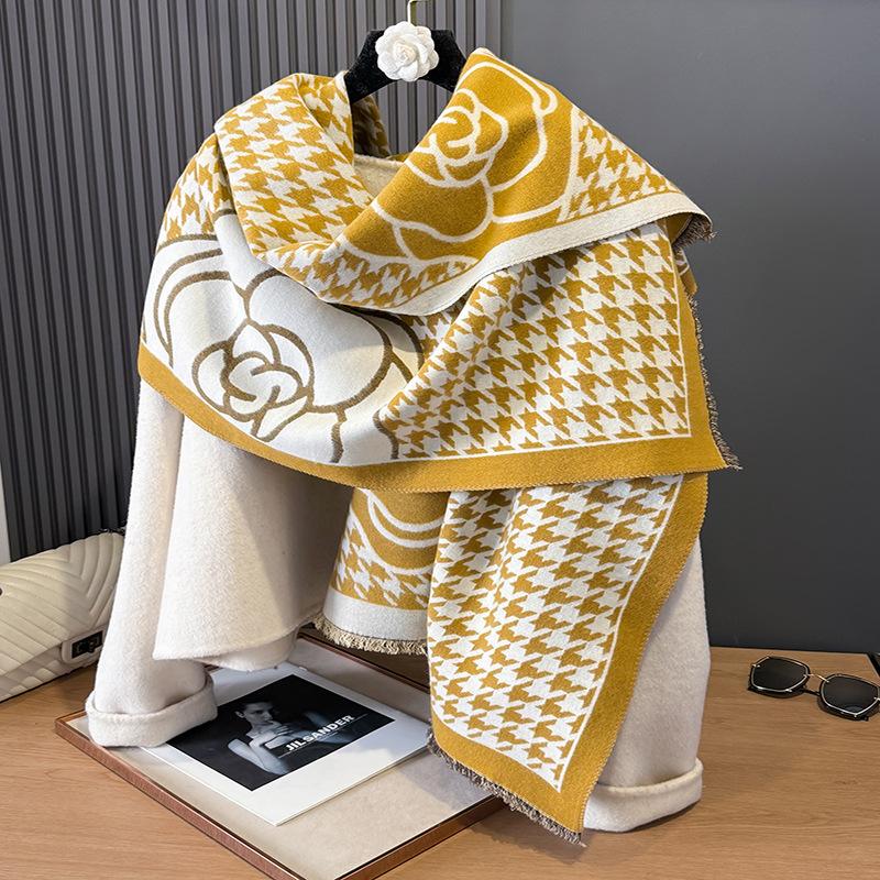 Winter Houndstooth Scarf Scarf Scarf Neck Thickened Warm Double-Sided Floral Shawl Scarf