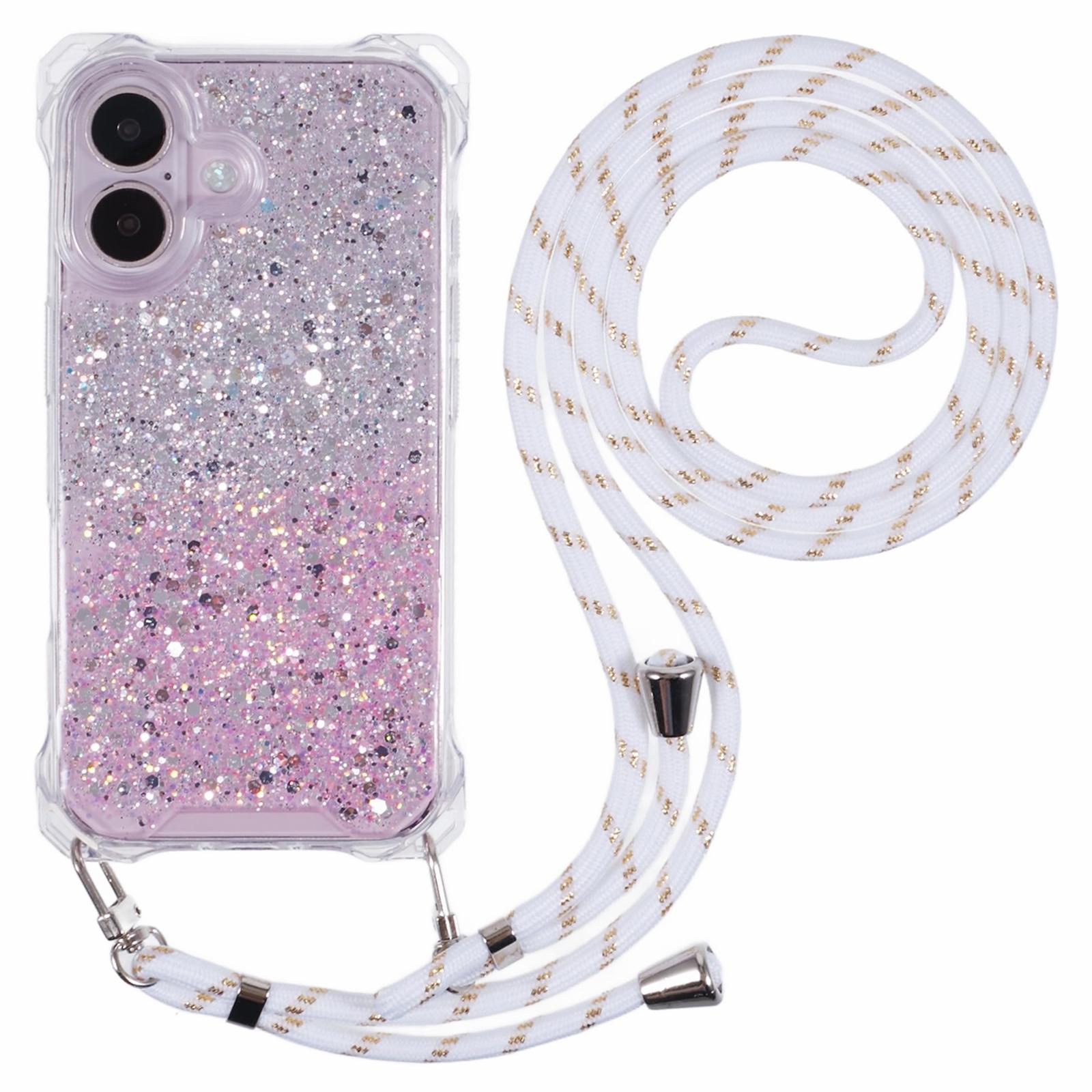 

For iPhone 16 Case Reinforced Corner TPU+Acrylic Dual Color Phone Cover with Strap Silver Pink