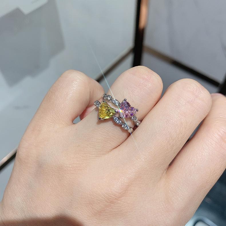 Cross Border New Love Ring Women's Simulation Pink Yellow Simple Zircon Peach Heart Jewelry